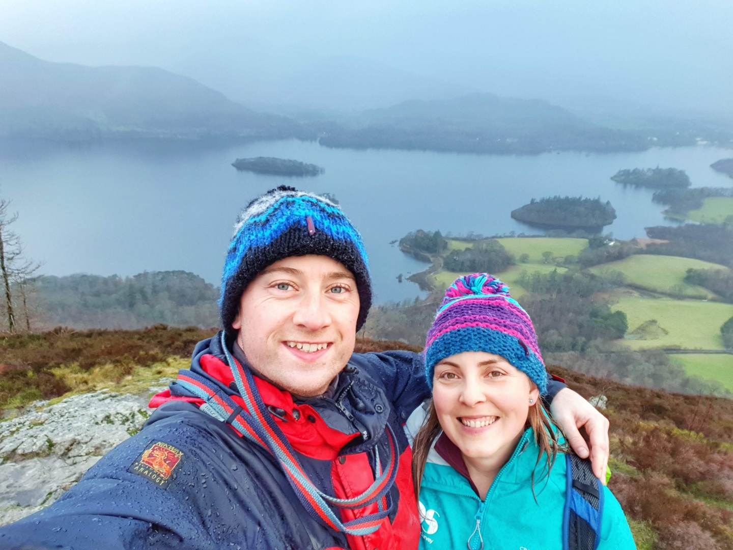 Couples selfie on top of Walla Crag with views across Derwent Water in the Lake District