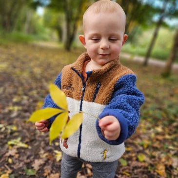 Little boy in a fluffy Gruffalo coat holding a yellow autumn leaf