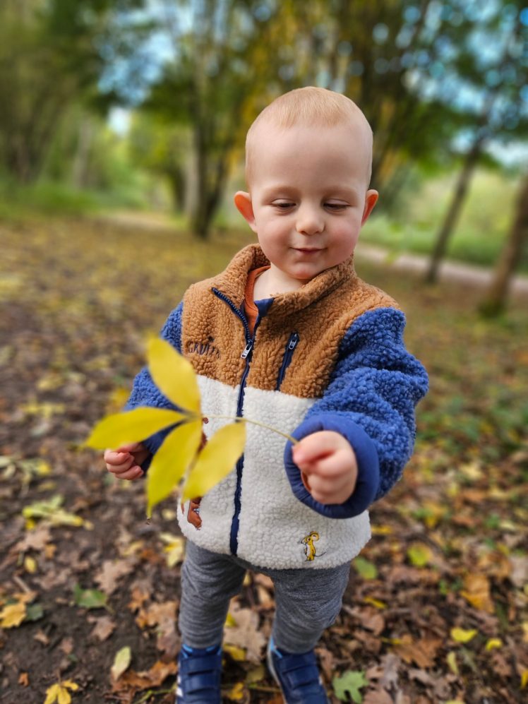 Little boy in a fluffy Gruffalo coat holding a yellow autumn leaf
